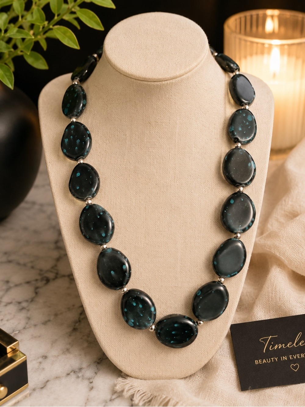 Black Teal Stone Beaded Necklace Statement Collar Chunky Artisan Jewelry Boho - Picture 1 of 3